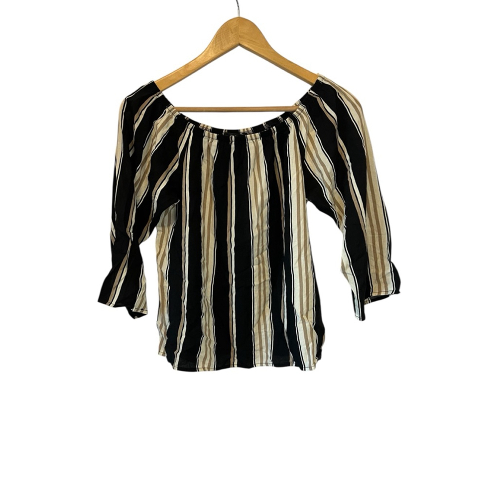 Off Shoulder Striped Blouse Women’s Black Beige Boho Top Peasant 3/4 Sleeve Size